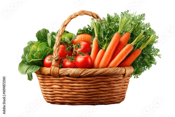 Obraz Woven basket filled with fresh tomatoes and carrots isolated on a transparent background wicker food