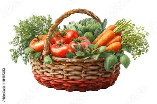 Obraz Woven basket filled with fresh tomatoes carrots and greens isolated on a transparent background wicker