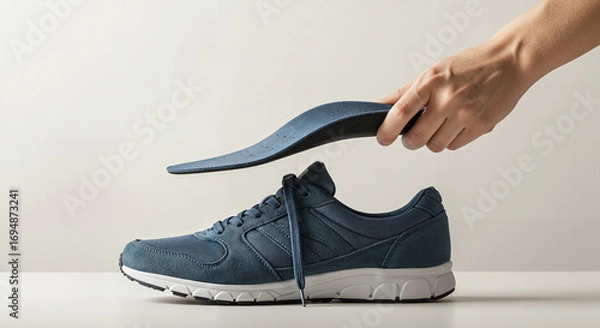 Fototapeta Orthopedic shoe inserts being placed into dark blue athletic shoes by a hand in a minimalistic setting
