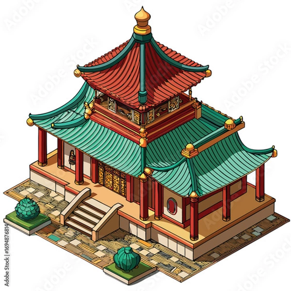 Obraz realistic a chinese building with a red roof eps vector on white background