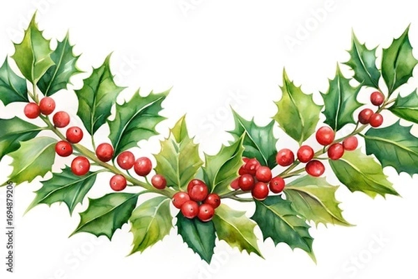 Fototapeta Christmas holly branch with red berries, isolated on white background