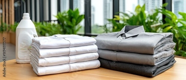 Fototapeta Folded shirts of various colors sit next to a bottle of laundry detergent with greenery and city views creating a calm atmosphere.