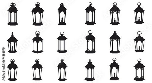 Fototapeta Black Lantern Silhouette Icons in Different Traditional Styles on White Background for Design and Decoration