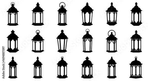 Fototapeta Black Lantern Silhouette Icons in Different Traditional Styles on White Background for Design and Decoration