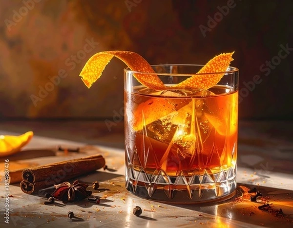 Fototapeta A rich, amber-hued old fashioned cocktail, garnished with orange zest, sits on a light marble surface, illuminated by warm sunlight.