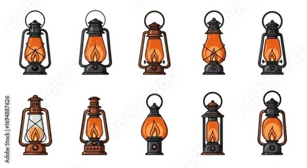 Fototapeta Vintage and Modern Lantern Icons with Glowing Flames in Black and Orange Vector Style on White Background