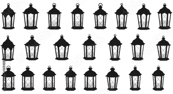Fototapeta Black Lantern Silhouette Icons in Different Traditional Styles on White Background for Design and Decoration