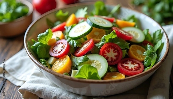 Fototapeta Fresh garden salad with colorful vegetables in a bowl on a wooden table for healthy eating
