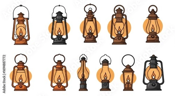 Fototapeta Vintage and Modern Lantern Icons with Glowing Flames in Black and Orange Vector Style on White Background