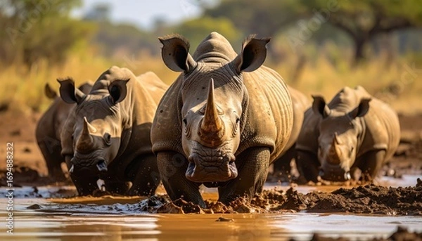 Fototapeta Three white rhinoceroses wade through a shallow pool in a savanna landscape, their powerful forms highlighted against the backdrop of the natural habitat.