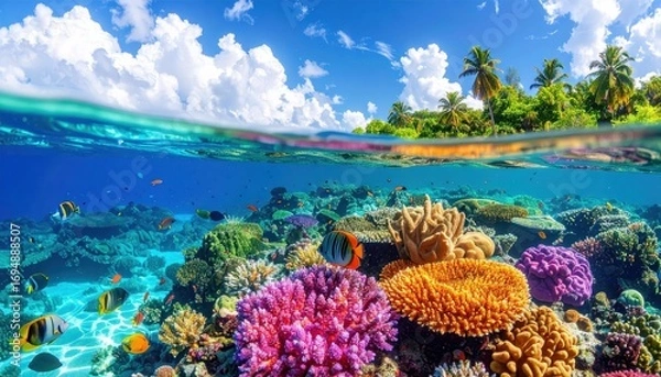 Fototapeta Vibrant coral reef teeming with colorful fish, showcasing an underwater paradise under a bright, sunny sky.