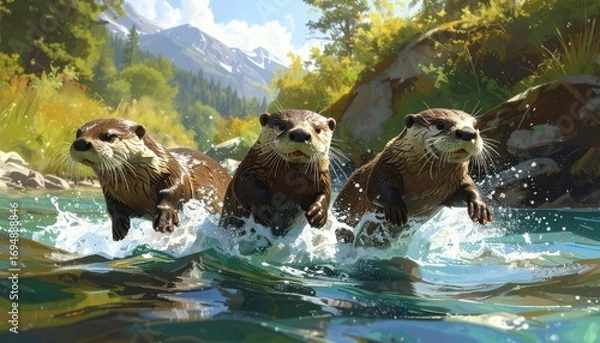 Fototapeta Three playful otters leap through a sparkling river, surrounded by lush greenery and a backdrop of majestic mountains.