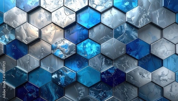 Fototapeta A striking design featuring a textured pattern of metallic hexagons in shades of blue and gray.