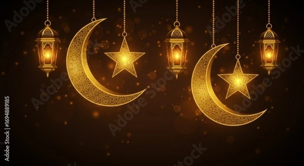 Fototapeta Golden  Lanterns with Crescent Moon and Star Hanging Islamic Decoration on Transparent Background in Warm Glowing Colors
