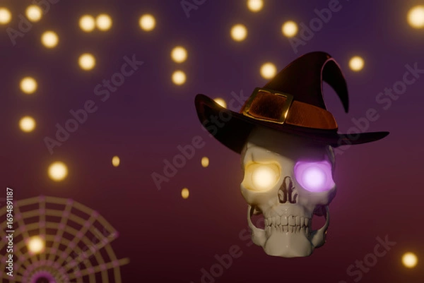 Obraz Halloween skull wearing witch hat with glowing eye and spider web background. 3d rendering
