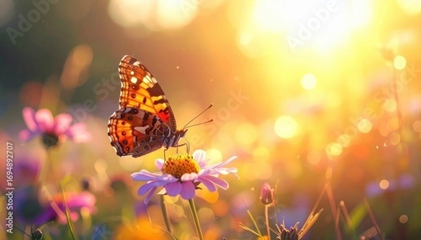 Fototapeta A butterfly rests gracefully on a flower, bathed in the warm golden light of the setting sun.