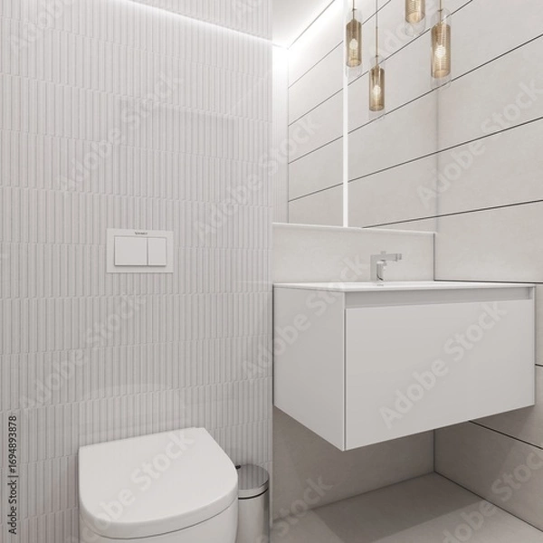 Obraz Minimalist bathroom with clean white tiles, floating vanity, modern fixtures, and pendant lighting, creating a sleek and elegant atmosphere with simple geometric lines.