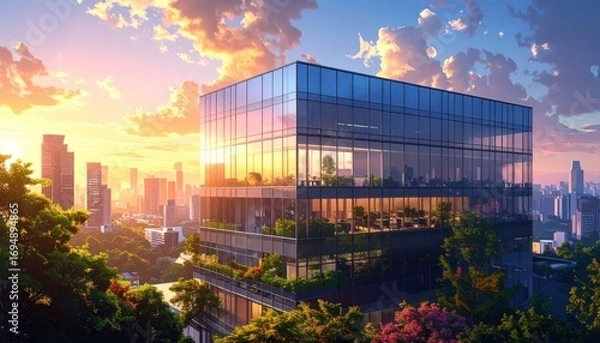 Fototapeta A modern glass office building rises above a vibrant city skyline at sunset, showcasing urban greenery and a sophisticated architectural design.