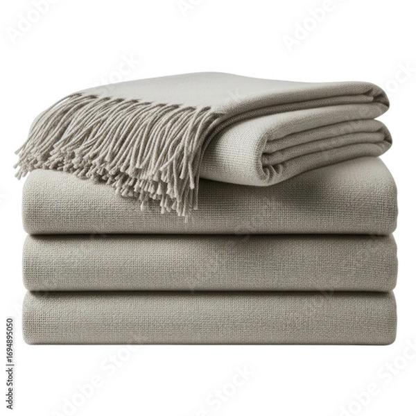 Fototapeta Cozy sage green woven throw blankets stacked comfortably with fringe detail transparent background