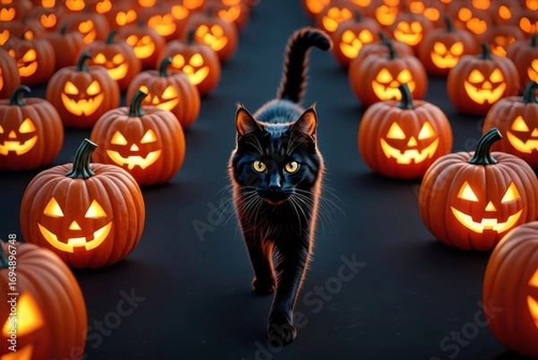 Fototapeta A Mysterious Black Cat Strolls Through a Spooky Pumpkin Patch Illuminated by Glowing Jack-o'-Lanterns, Capturing the Essence of Halloween Night