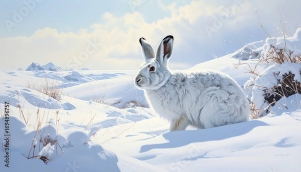 Fototapeta A detailed winter landscape features a captivating white hare amidst a pristine snow-covered terrain.