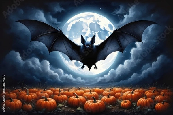 Fototapeta A Dramatic Scene Featuring a Bat Flying Over a Field of Bright Orange Pumpkins Under a Full Moon, Creating a Spooky Atmosphere Evoking Halloween's Essence