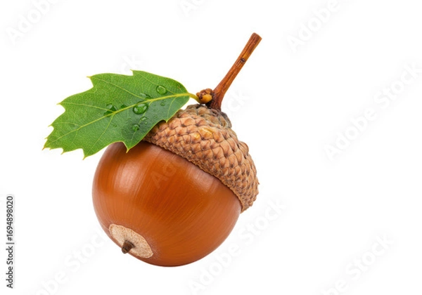 Fototapeta Isolated acorn with green leaf, autumn season, seed of oak tree, macro close-up view