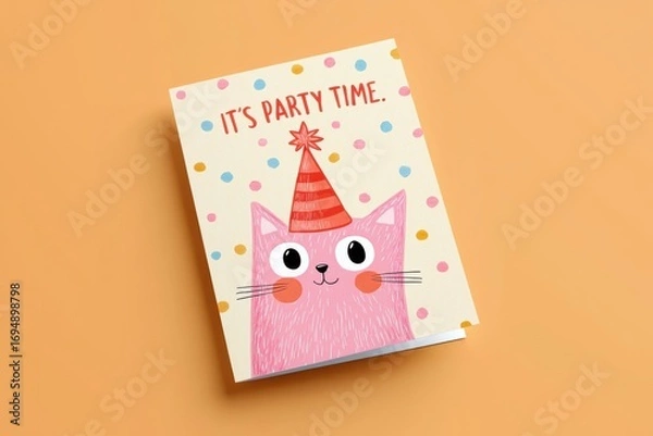 Fototapeta A Colorful and Cheerful Greeting Card Featuring a Playful Pink Cat Celebrating with a Party Hat and Festive Polka Dots on a Bright Orange Background