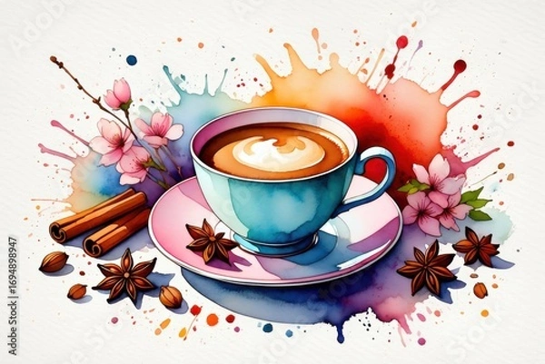 Fototapeta A Vibrant Visual Composition Featuring a Coffee Cup Surrounded by Spices and Floral Elements on a Colorful Splash Background
