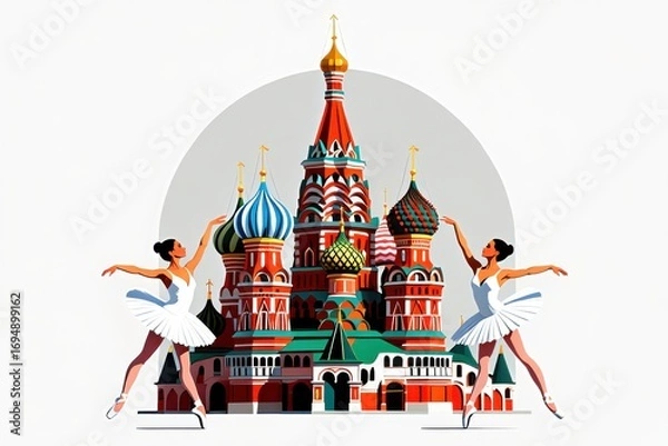 Fototapeta Two Ballerinas Gracefully Performing in Front of a Colorful and Ornate Cathedral Surrounded by a Circle, Representing Artistic Expression and Culture