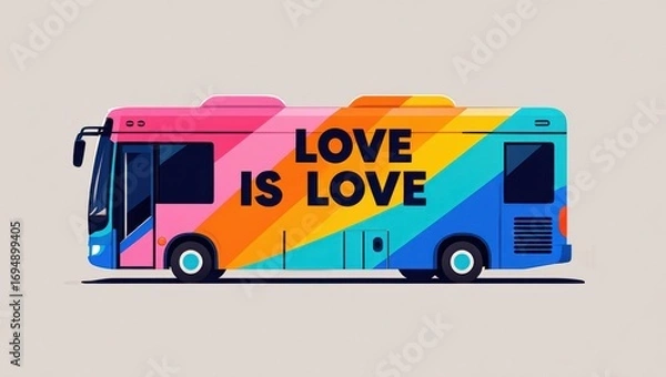 Fototapeta A Vibrantly Designed Bus Showcasing the Message 'Love is Love' with Colorful Stripes, Symbolizing Inclusivity and Acceptance