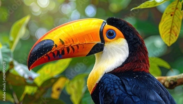 Fototapeta Vibrant toucan with a large, colorful beak in a lush, green forest setting.