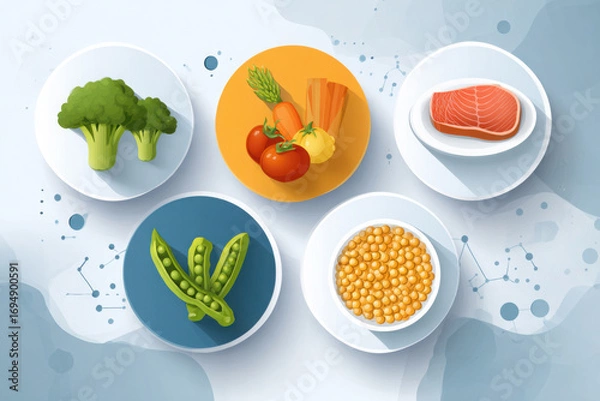 Fototapeta Healthy food illustration showing balanced nutrition with vegetables, fish, legumes and grains, concept of diet and wellbeing science