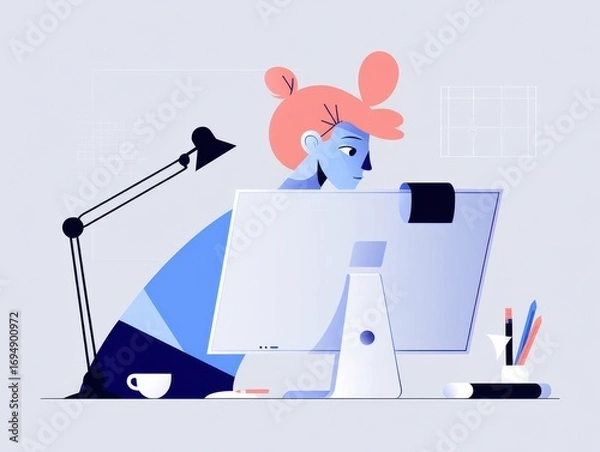 Fototapeta A Creative Workspace Scene Featuring a Focused Individual Working on a Computer, Surrounded by Office Supplies and a Cup of Coffee