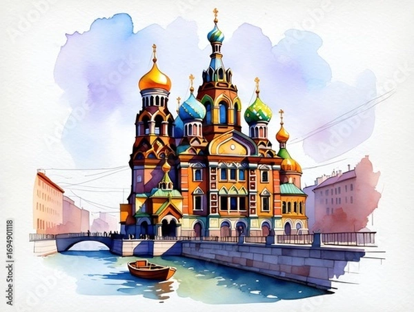 Fototapeta A Vibrant and Colorful Illustration of an Enchanting Church with Intricate Architecture Surrounded by Water and a Quaint Small Boat