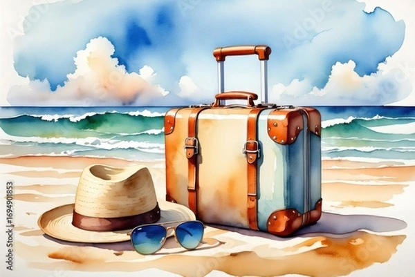 Fototapeta A Vibrant Beach Scene Featuring a Colorful Suitcase, A Stylish Hat, and Sunglasses Set Against a Gorgeous Ocean Background