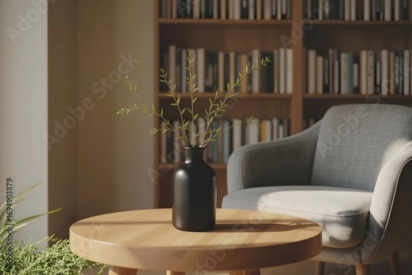 Fototapeta Elegant black vase with green branches on a round table in a cozy living room