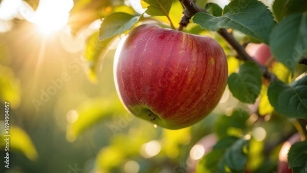 Fototapeta A Ripe Red Apple Hanging from a Lush Green Tree Branch Bathed in Warm Sunlight, Showcasing Nature's Beauty and Abundance in an Orchard Setting