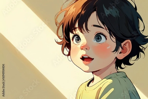 Fototapeta A Cheerful Child with Bright Eyes Enjoying Sunlight Filtering Through a Window, Capturing the Joy of Innocence and Wonder in a Vibrant Artwork