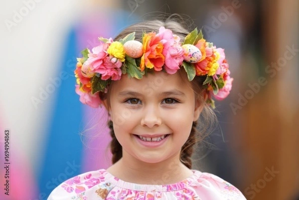 Fototapeta Delightful Young Girl Smiling Radiantly in a Colorful Flower Crown, Capturing the Essence of Joy and Innocence in a Vibrant Spring Atmosphere during Easter