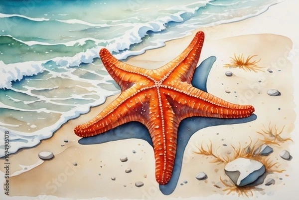 Fototapeta A Vibrant Red Starfish on a Sandy Beach, Capturing the Essence of Coastal Beauty and Marine Life Amidst Gentle Waves and Soft Shoreline Details
