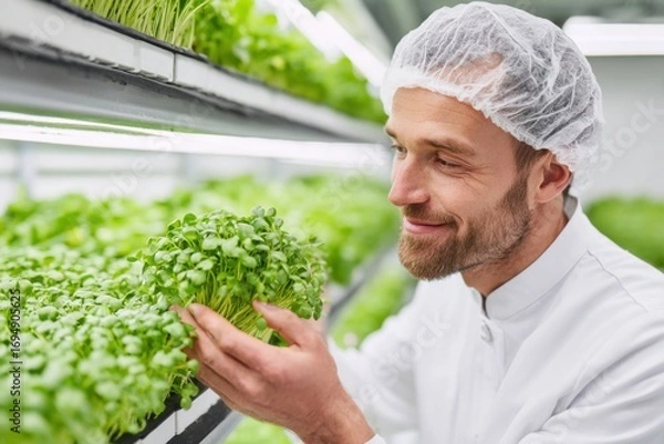 Fototapeta Smiling farmer inspecting microgreens in vertical farm
