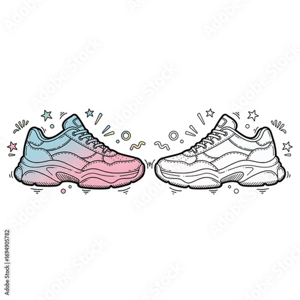 Fototapeta Trendy Sneakers Colorful Outline and Monochrome Design for Fashionable Style