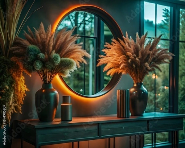 Fototapeta Modern entryway with a circular illuminated mirror and decorative vases