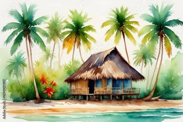 Fototapeta A Tranquil Tropical Scene Featuring a Charming Wooden Hut Surrounded by Lush Green Palm Trees and Vibrant Flowers Along a Soothing Ocean Shoreline