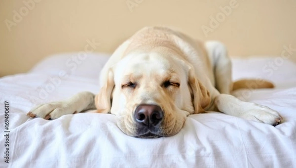 Fototapeta A Calm and Content Labrador Retriever Comfortably Resting on a Soft Bed, Exuding Tranquility and Relaxation in a Warm Indoor Setting