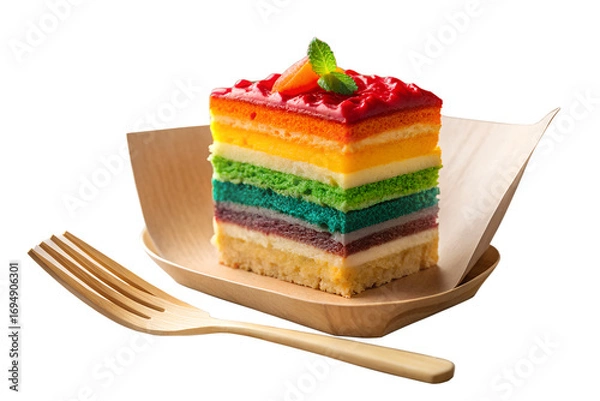 Obraz Colorful rainbow cake slice with fork isolated on white background