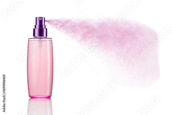 Obraz Pink spray bottle with mist cloud isolated on white background