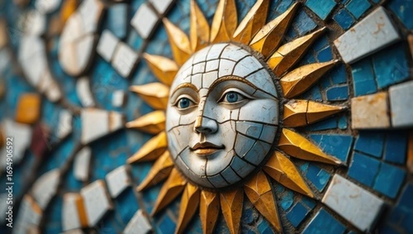 Fototapeta Vibrant Mosaic Sun Face Design Featuring Intricate Patterns and Radiant Colors in a Captivating Art Piece for Decoration and Inspiration
