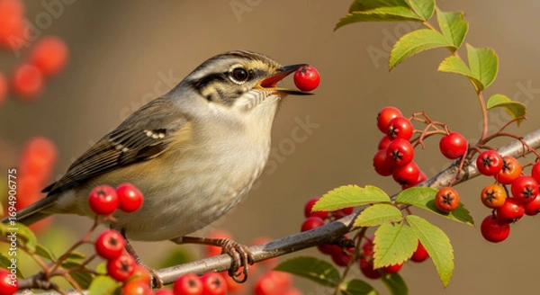 Fototapeta a small bird sits on a branch eating red berries in autumn